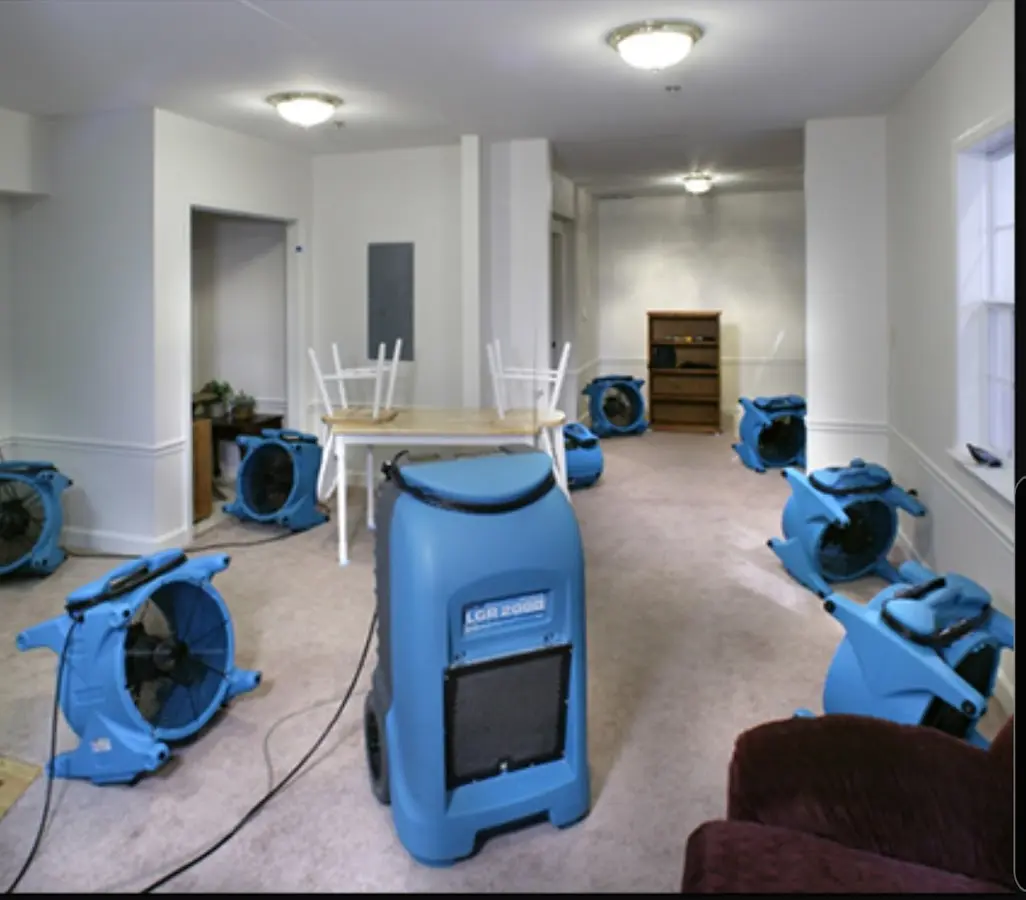 Air movers and dehumidifier setup for Water Extraction & Removal in Leland